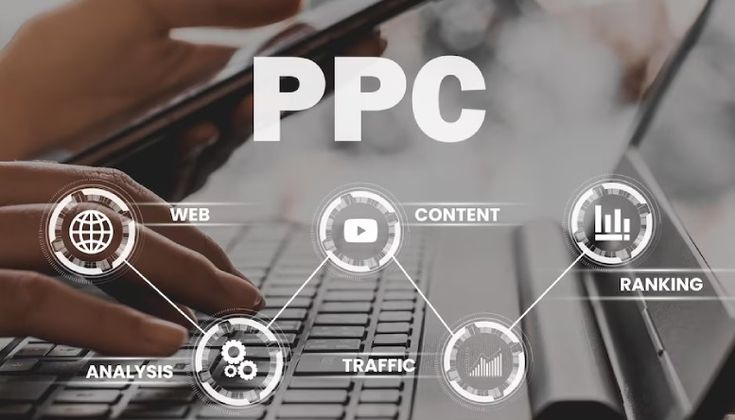 Marketer analyzing Google Ads dashboard with campaign performance and keyword metrics on a laptop